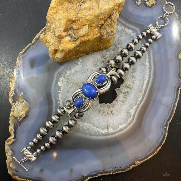 Carolyn Pollack Sterling Navajo Pearl Bead 3 Denim Lapis Link Bracelet For Women - Picture 8 of 10